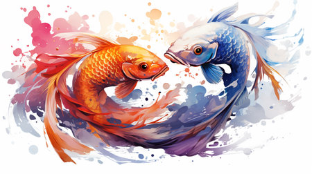 Two koi fish on watercolor splash background. Vector illustration.の素材