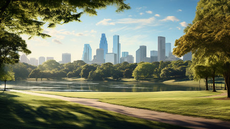 Chicago skyline with lake and green trees. 3D Rendering.の素材