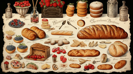 Vintage bakery poster with different types of bread and croissantsの素材