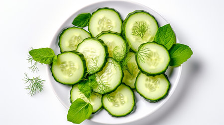 Sliced cucumber with dill and basil on white backgroundの素材