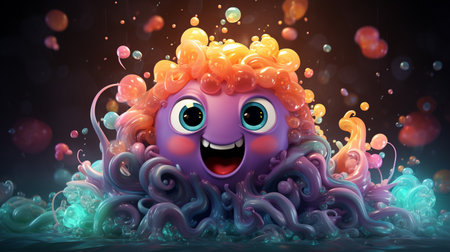Funny cartoon monster floating in water. 3D rendering, 3D illustration.の素材