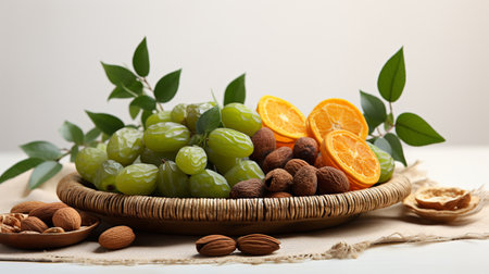 Fresh fruits and nuts in a wicker basket on a light backgroundの素材