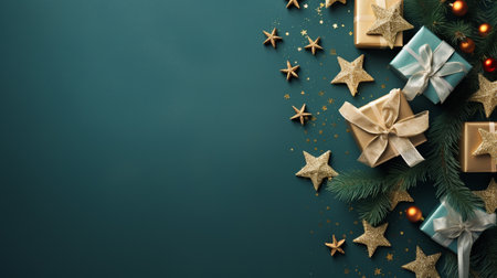 Christmas background. Festive decoration on green background. Top view with copy space.の素材