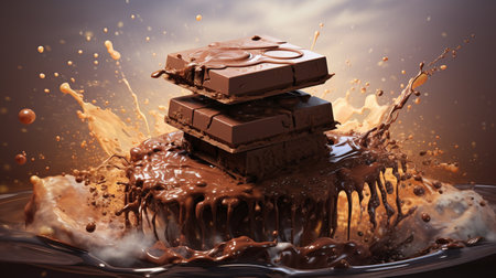 Milk chocolate splashing out of a chocolate bar, 3d renderingの素材