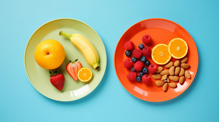 Healthy breakfast with fruits and nuts on blue background, top viewの素材
