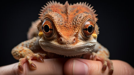 Close-up portrait of a young chameleon on a black backgroundの素材