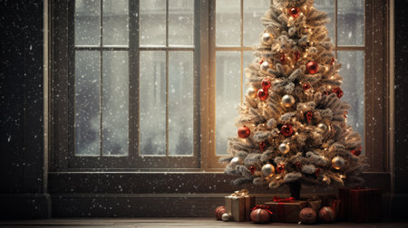 Christmas tree with gifts in front of the window. 3d renderingの素材