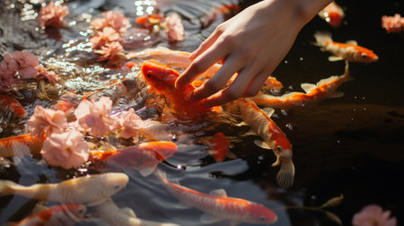 Koi fish swimming in the pond, closeup of hand.の素材