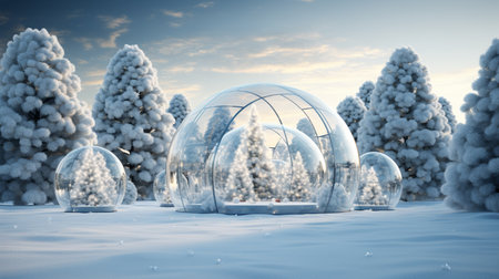 Snow globe with christmas trees and blue sky. 3D renderingの素材