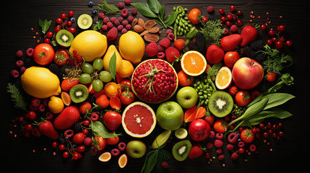 Fruits and vegetables background. Fruits and vegetables on wooden backgroundの素材