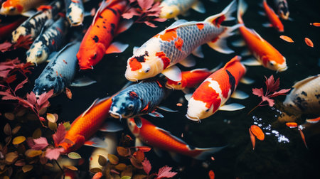Colorful Koi fish swimming in the pond with autumn leaves.の素材