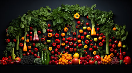 Composition with variety of fresh vegetables on dark background. Balanced dietの素材