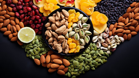Mix of dried fruits and nuts on black background. Healthy eating conceptの素材