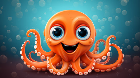 Funny cartoon orange octopus on blue background. Vector illustration.の素材