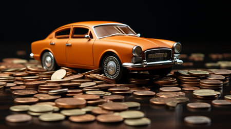 Vintage car and coins on a dark background. Selective focus.の素材