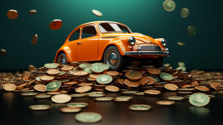 3d illustration of orange retro car over coins background with copy spaceの素材