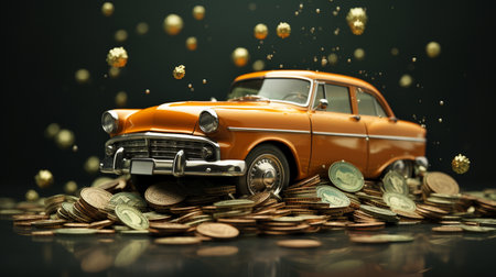 Vintage car with gold coins on dark background. 3d illustrationの素材