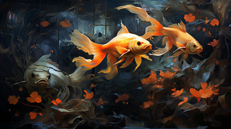 Goldfish in the aquarium. Digital painting of goldfish in the aquarium.の素材