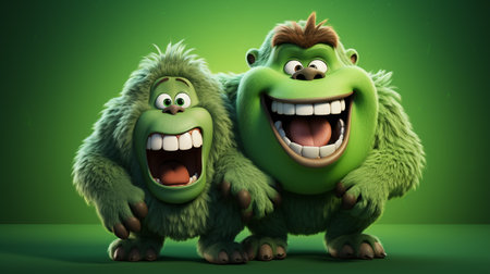 Funny green monsters on a green background. 3d illustration.の素材