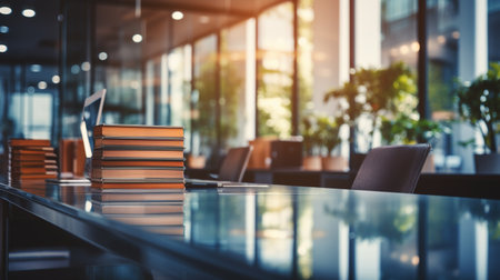 Books on a table in a conference room, blurred background. Education conceptの素材