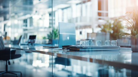 Close-up of glass partition in modern meeting room. Toned imageの素材