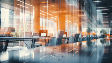 Interior of modern conference room with glass walls, concrete floor and rows of computer tables. 3d rendering toned image double exposureの素材