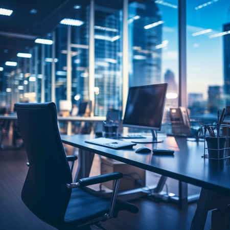 Modern office interior with furniture, computer and city view. Toned imageの素材