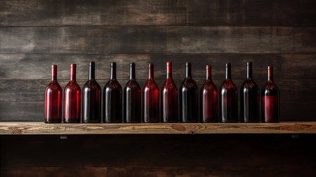 Bottles of red wine on wooden shelf against dark wooden wall backgroundの素材