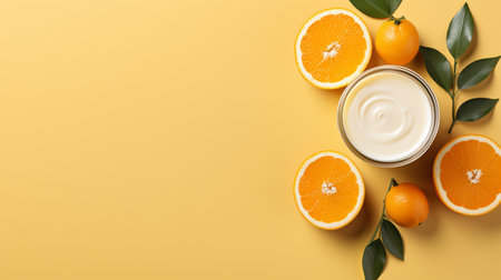Top view of fresh oranges and yogurt on yellow background with copy spaceの素材