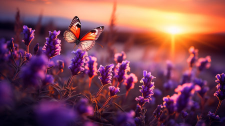 Beautiful purple lavender flowers with butterfly at sunset. Nature backgroundの素材
