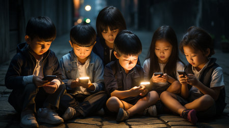 Group of asian children using mobile phone in the city at nightの素材