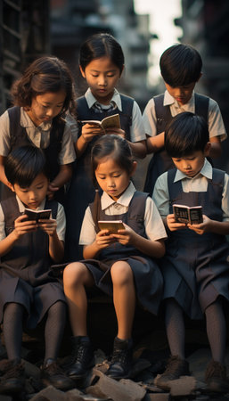 Group of asian elementary school students using mobile phones sitting on the street.の素材