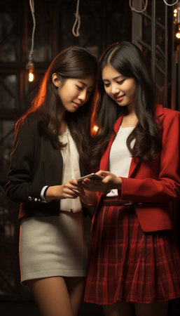 two beautiful asian women in red coat using smart phone at nightの素材
