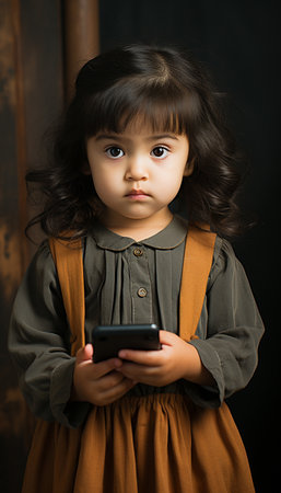 Cute little asian girl using mobile phone on black background.の素材