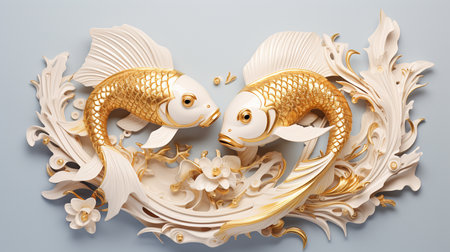 Gold fish with floral ornament on blue background. 3d illustration.の素材