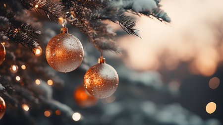Christmas tree with golden balls and bokeh lights in winter forestの素材