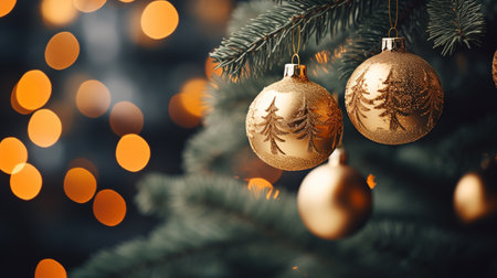 Christmas tree with gold ornaments on bokeh background.の素材
