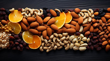 Mix of nuts, raisins, almonds, hazelnuts, cashews and dried fruits on black wooden backgroundの素材