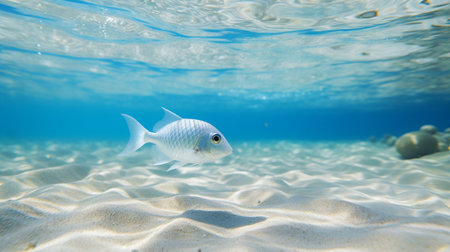 Underwater view of a small fish swimming in the shallow water.の素材