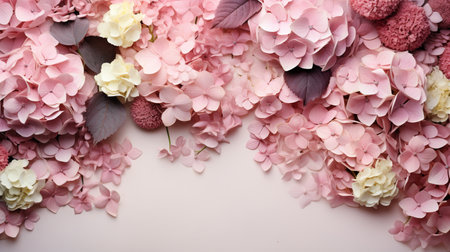 Beautiful hydrangea flowers on pink background, top viewの素材