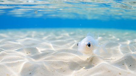 Close up of a white fish swimming in the water on a sandy beachの素材