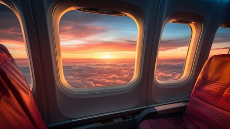 View from airplane window on the clouds and sky at sunset. Travel conceptの素材