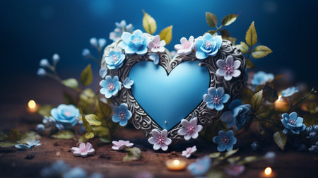 Romantic still life with blue heart and flowers on wooden background.の素材