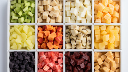Variety of frozen fruits and vegetables in a white plastic box.の素材