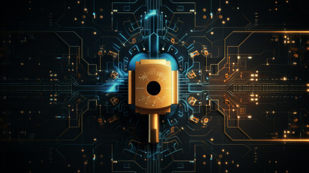 Digital illustration of security lock in digital background. 3D Renderingの素材