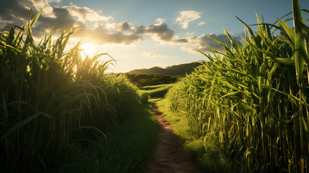 Sugar Cane field in the morning with sun light in backgroundの素材