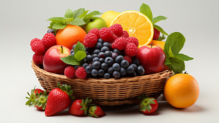 Basket of fresh fruits and berries on white background, closeupの素材