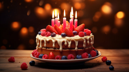 Birthday cake with burning candles and berries on wooden table over bokeh backgroundの素材