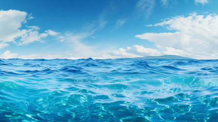 Blue sea water surface with clouds and sun. 3d render illustrationの素材