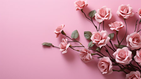 Flowers composition. Pink roses on pink background. Flat lay, top view, copy spaceの素材